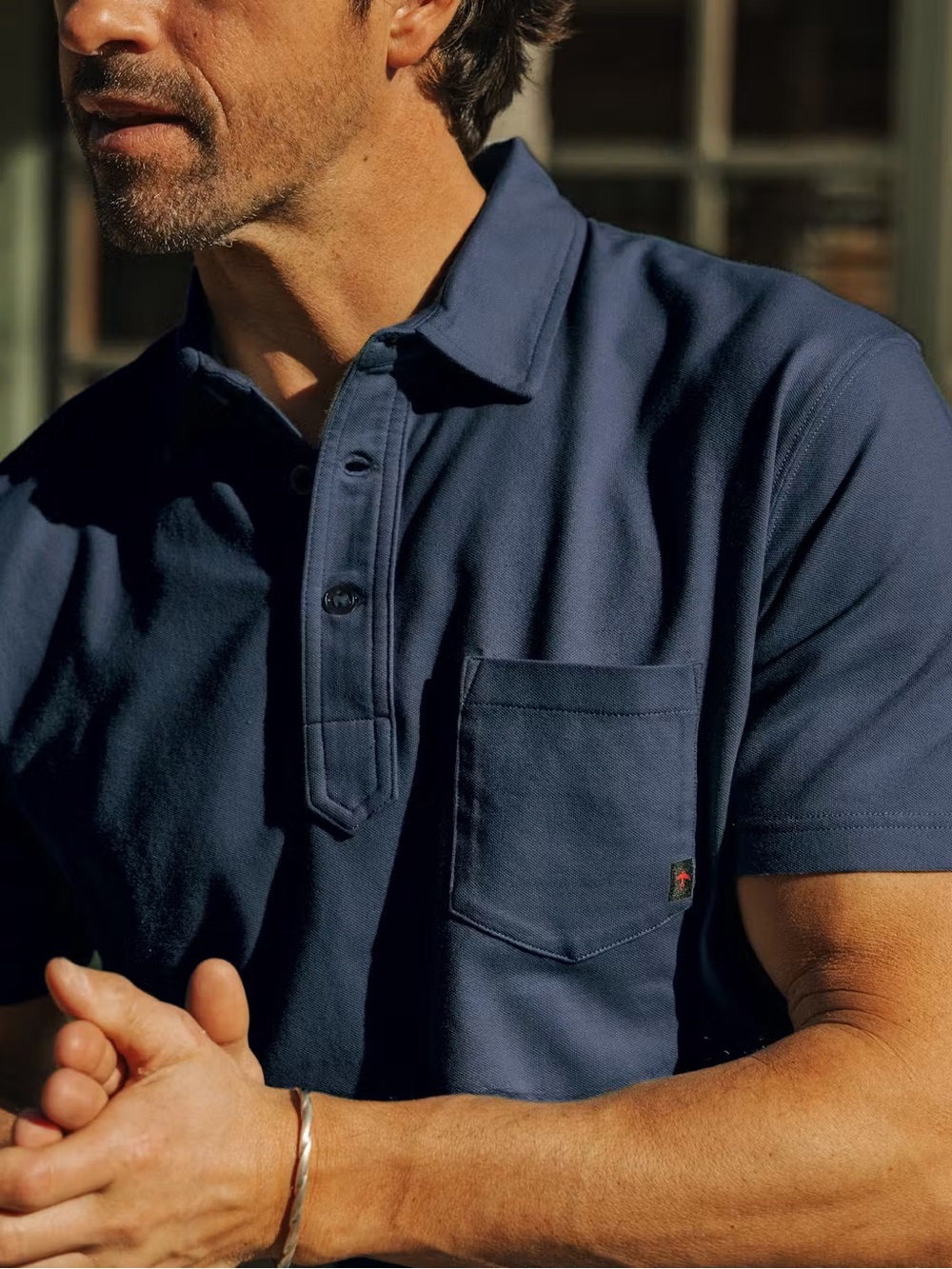 Relwen Pique Slot Polo Shirt Short Sleeve Navy Blue Large Coastal Preppy